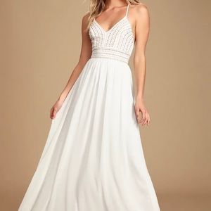 Lulus Meet Me in Madrid White Beaded Maxi Dress